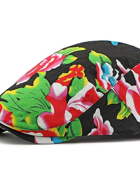 Women\'s Leopard Print Beret Hat Retro Newsboy Ivy Cap Cabbie Flat CapBlack Flora main image 4